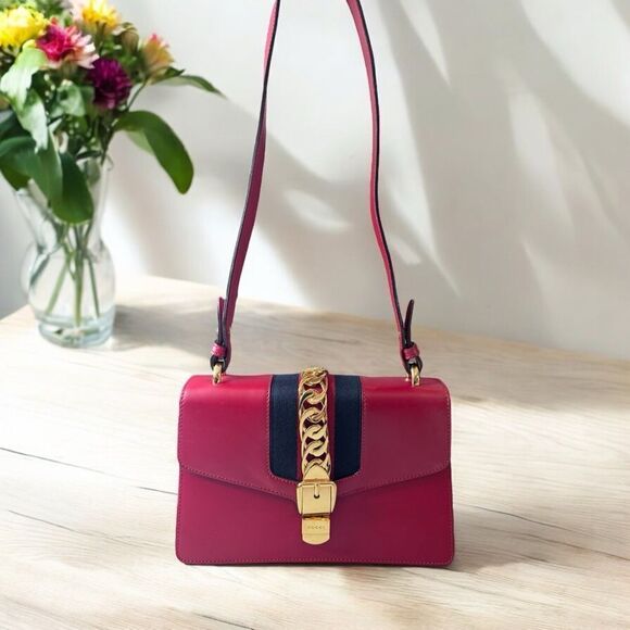 Gucci Sylvie Red Leather Web Shoulder Bag - Picture 1 of 10